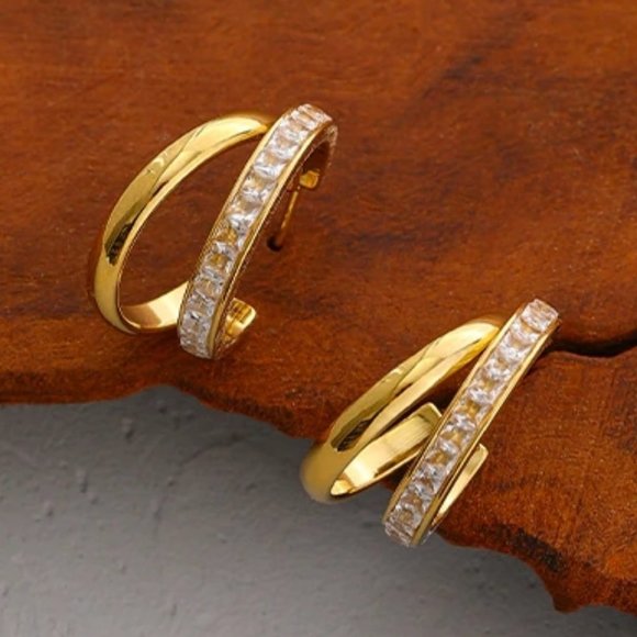 New 18K Gold Plated Princess Cut Diamond Double Layer Round Hoop Earrings - Picture 1 of 5